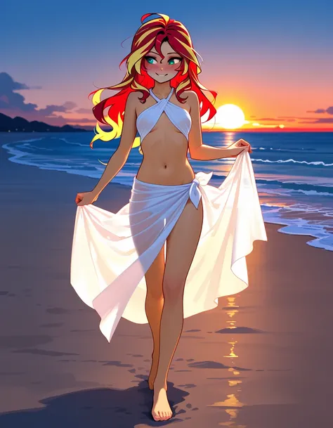 Sunset shimmer, stunning eyes, small breasts, smiling, blushing, bedroom eyes, naked, wearing a sheer white sarong, walking on a beach at night, full body