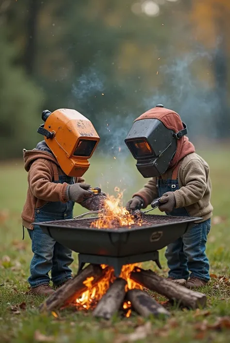 Create a picture of little men wearing welding masks .Little men work as a small grinder,with an electrode welding machine .Little men cook a big brazier.The grill is on the grass.Rectangular grill with a table top and firewood under the grill.