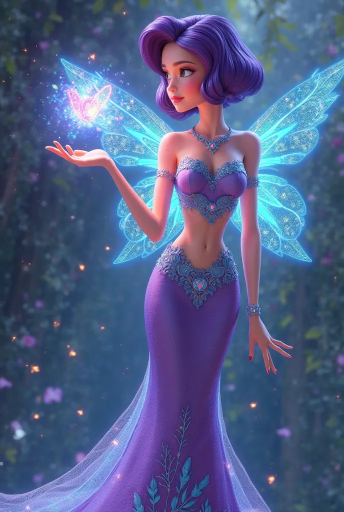 Tecna from Winx Club with purple  hair wearing a decorated intricate laced purple and light blue crop top half top with a matching long skirt with train merged with Disney Princess Odette with shirt bob hairstyle. With translucent glowing light blue wings,...