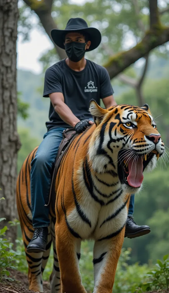  a young Indonesian , age 20's , black mask, cowboy hat , blue jeans , black boot , rolexs jam, black t-shirt with 'Gan Shofyan'. Riding a giant tiger in the forest.  big tree, overcast daytime atmosphere.  ultra hd image , 4K, Detail.