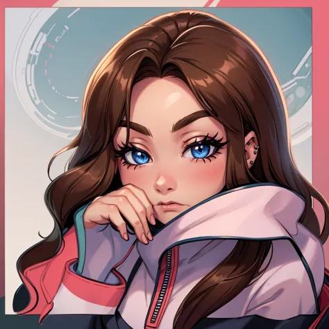 anime girl with long brown hair, digital art, digital anime illustration, piercing eyes, surprised expression, lineart, pink hoodie