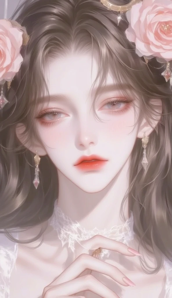 A beautiful anime girl with long, flowing jet-black hair and deep crimson eyes framed by long lashes. Her porcelain skin and soft, serene expression give her an elegant charm. She wears a pale blush-colored dress with lace details, against a background of ...