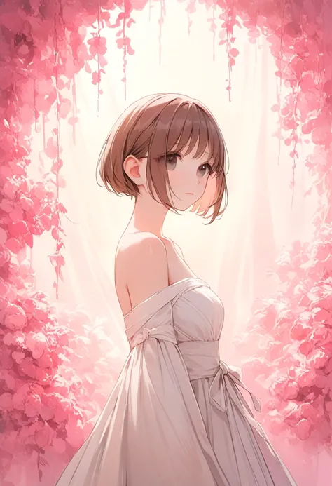 the girl with brown hair Bob has a stylish pink background、Cute atmosphere The outfit is white
