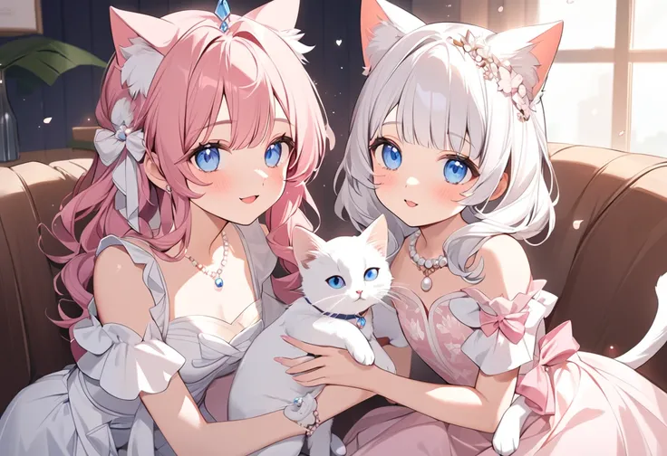 araffe cat with a pink bow on its head, elegant cat, white cat in a pink dress, very beautiful cute cat girls on the left, beautiful cat, white ( cat )  girls on the left,  beautiful animals Pearl Queen, cute cat, a cute cat,  Beautiful Princess, white cat...