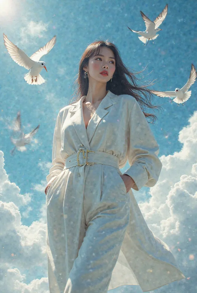 Korean girl, F Cup，fashionable，Cold，  on t ， Hips，Fairy Descends，Sky，bird，Picturesque 