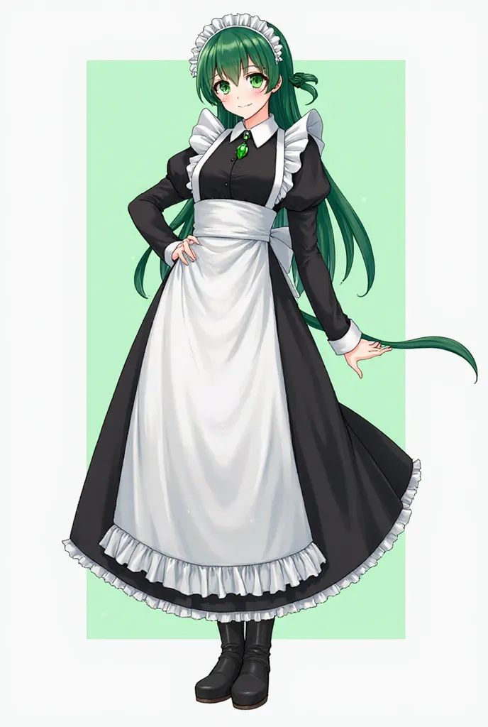 Face: Emerald eyes, black eyeshadow. Hair: Deep green, small tied knot hair on the back, long hair on the side, long hair on the back/tail hair Clothes: Maid, Long skirt, Long sleeve, Black Boots. Accessories: Emerald ring, Emerald pendant. Art: Full body,...