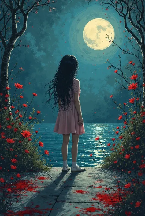 Create the cover of a fairy tale in the form of a drawing line, with a young woman and a red flowering plant, creating a sad mood, sadness, sadness, moonlight falling on the water. The ground around the floor narrates blood stains.