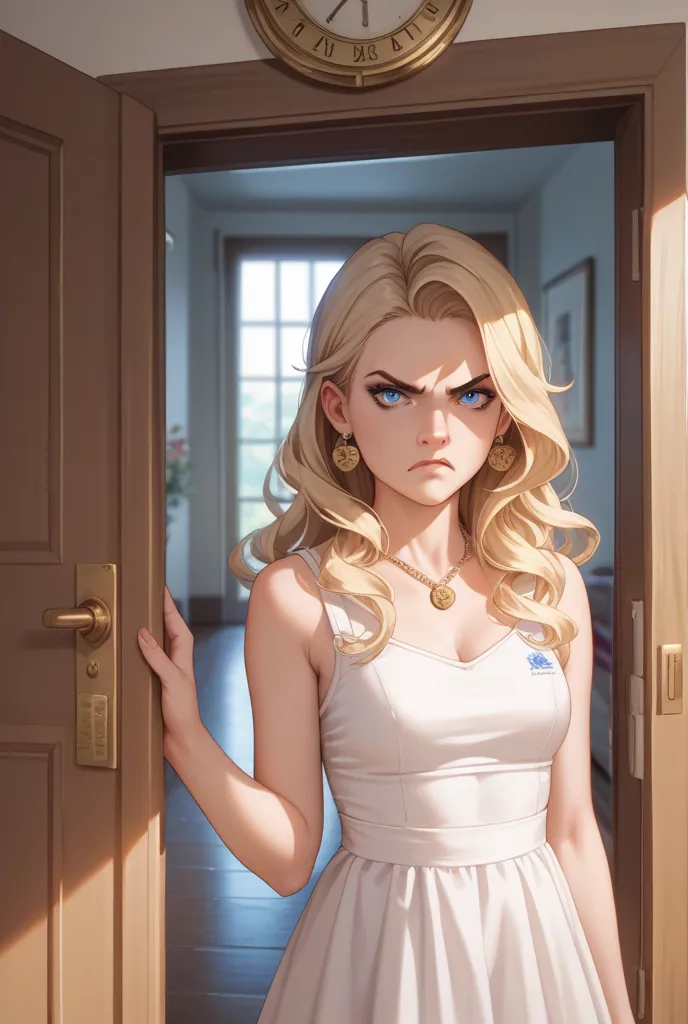 Anime style girl with blond hair and blue eyes opening the door and looking in disgust 