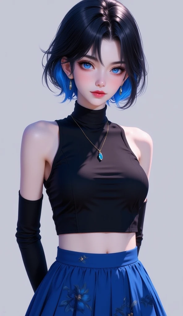 masterpiece, best quality, good quality, very awa, newest, highres, absurdres, yelan \(genshin impact\), 1girl, solo, breasts, looking at viewer, short hair, blue eyes, simple background, shirt, skirt, black hair, closed mouth, jewelry, bare shoulders, blu...