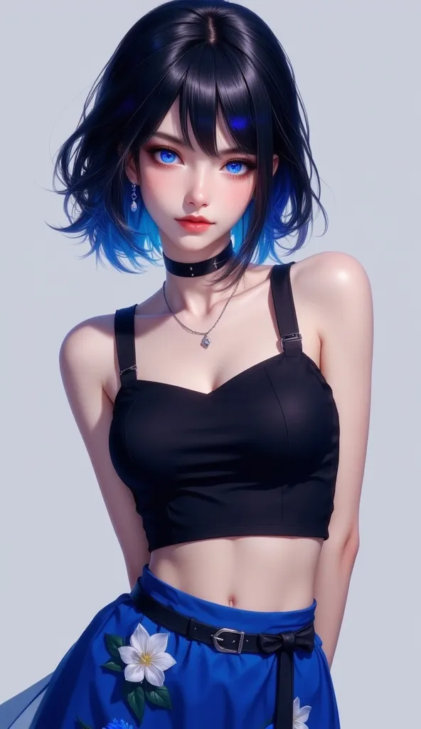 masterpiece, best quality, good quality, very awa, newest, highres, absurdres, yelan \(genshin impact\), 1girl, solo, breasts, looking at viewer, short hair, blue eyes, simple background, shirt, skirt, black hair, closed mouth, jewelry, bare shoulders, blu...