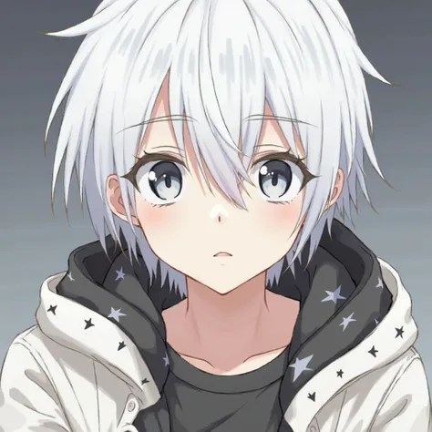 Anime boy with medium sized white hair that leaves V-shaped bangs between his eyes,eyes are gray with large irises,wearing a white jacket with a black hood with a black t-shirt on the back and a star pattern on the collar,His expression is flat and does no...