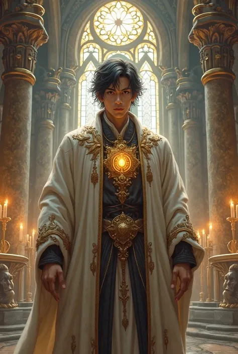 Aasimar male clergyman dungeons and dragons thin but with muscles dark medium Chinese hair slightly brown skin