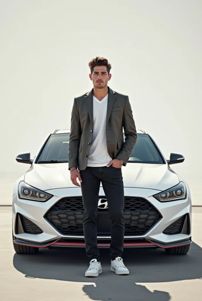 a stylish boy in 27 with a stay in front of a white veloster hyundai 2016