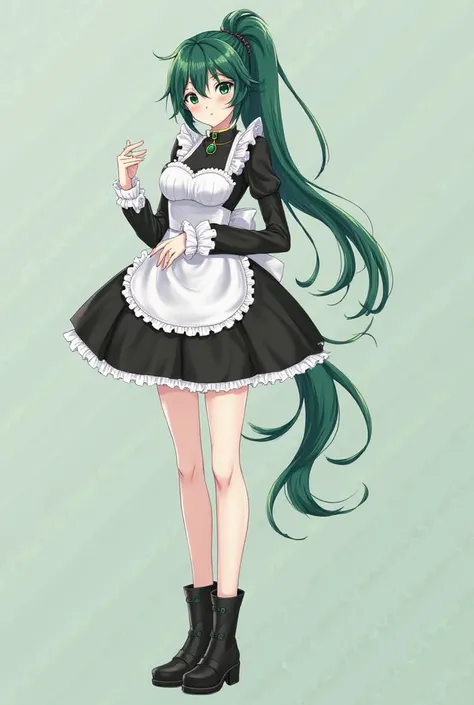 Face: Emerald eyes, black eyeshadow. Hair: Deep green, small tied knot hair on the back, long hair on the side, long hair on the back/tail hair Clothes: Maid, Medium skirt, Long sleeve, Black Boots. Accessories: Emerald ring, Emerald pendant. Art: Full bod...