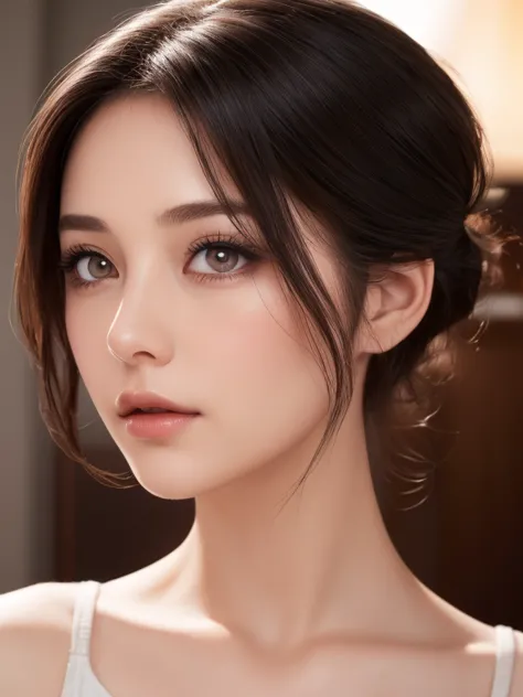  Japanese Manga Style 、( Japanese)、mature woman、( plump )、glamour、 (housewife)、dark brown hair、dark magenta eyes、 hair between eyes、chignon hair 、camisole、 upper body、Mature Woman、Soft light