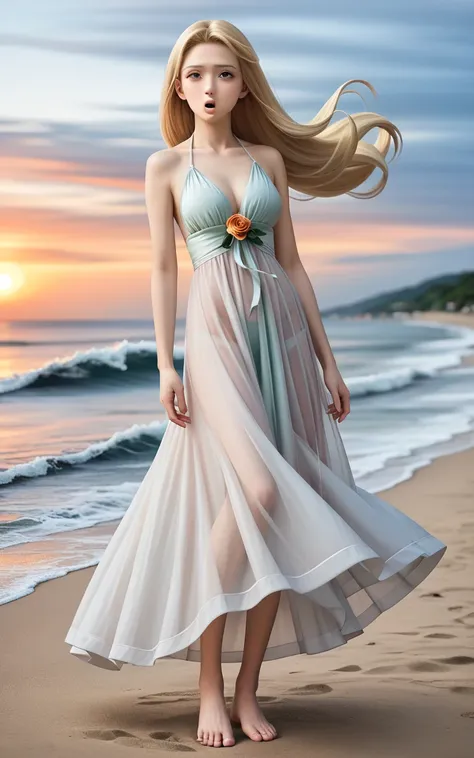 rating_explicit, score_9, score_8_up, score_7_up, masterpiece, best quality, 1girl, solo, グラビア, 1pony, (sheer chiffon dress:1.4), (posing on a beach:1.3), (wind blowing dress:1.4), (sunset background:1.3), (waves crashing:1.2), (serene look:1.4), (long blo...