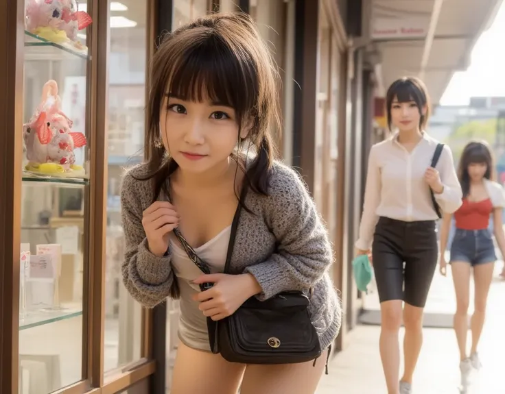 Japanese woman, cute, (ponytail), (full body), knit sweater, ( shorts when sitting), cowboy shot,full body shot,standing, handbag、 shopping center、 window shopping、