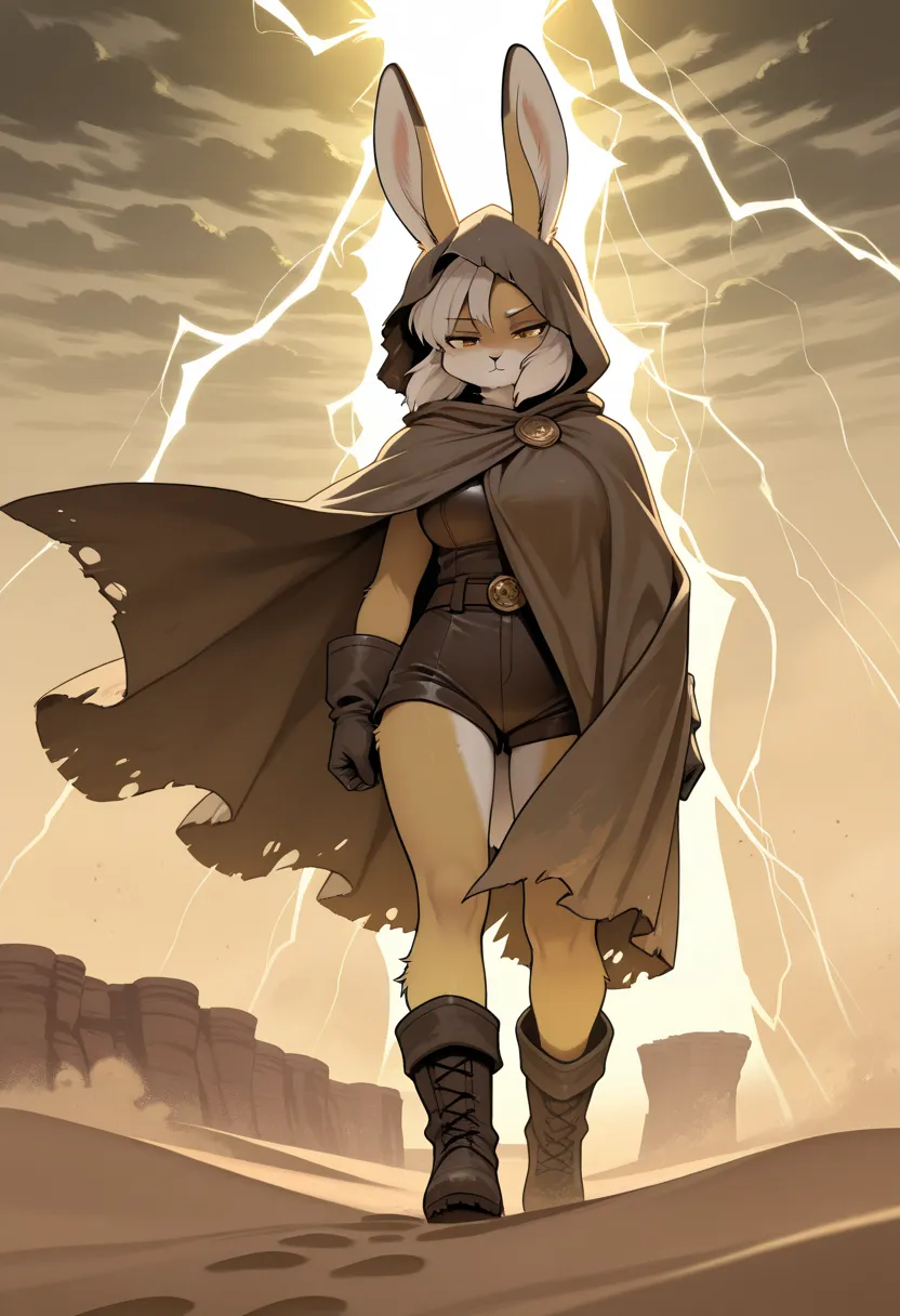 1girl, (furry, kemono:1.4), rabbit girl, animal nose, rabbit ears,, solo, traveler, hooded cloak, tattered cloak, fluttering clothes, shielding face, narrowed eyes, gloved hands, determined expression, footprints in sand, boots, apocalyptic, silhouette, st...