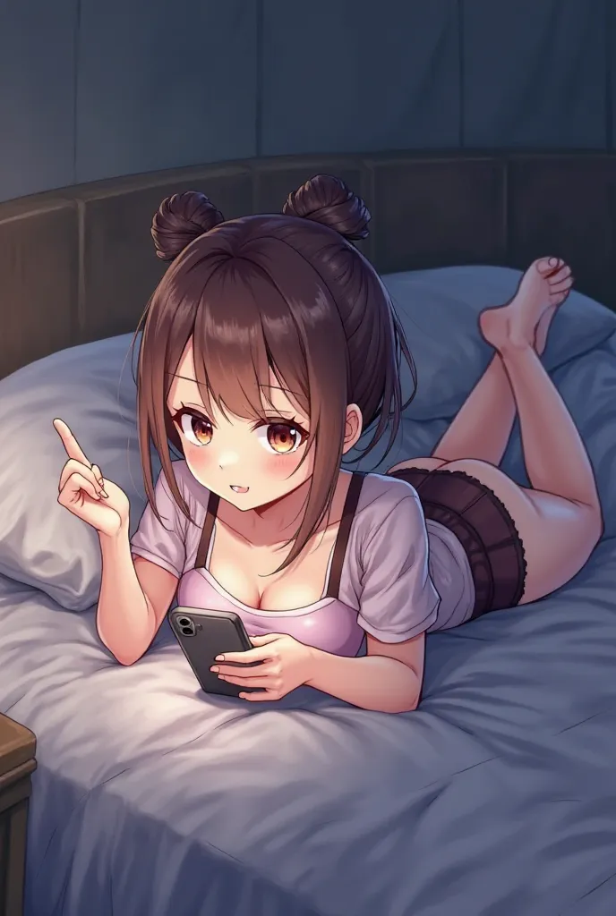 Anime girl lying on the bed on her stomach looks at the phone embarrassed, dressed in panties and moving her legs ,  Girl with big breasts,  with a quirky bun at night , with big booty. Neck on the pillow, background picture.
