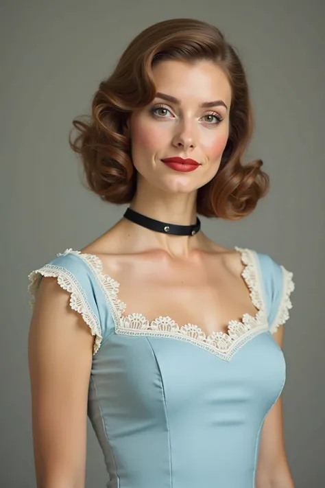 busty young woman with shoulder length light brown hair.   She’s wearing a light blue colored 50s house-wife style dress with white lace trim.   She has a thin black collar around her neck.  Full body shot