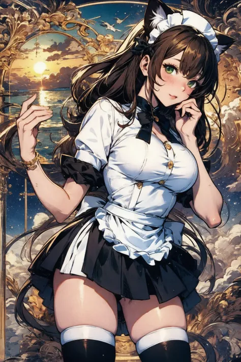 Anime comic style，Big Breasts，bare chest，Maid Nurse， black and white skirt ，A pair of cat ears， long black brown hair ，green student ，Look at the screen。Keep your hands on your back。。