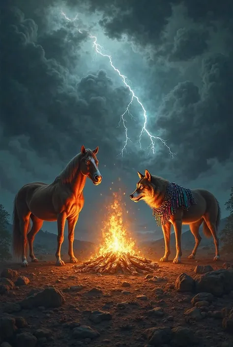 A horse, a wolf and a joker around fire and thunder