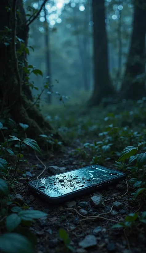 broken cell phone in the middle of the night forest