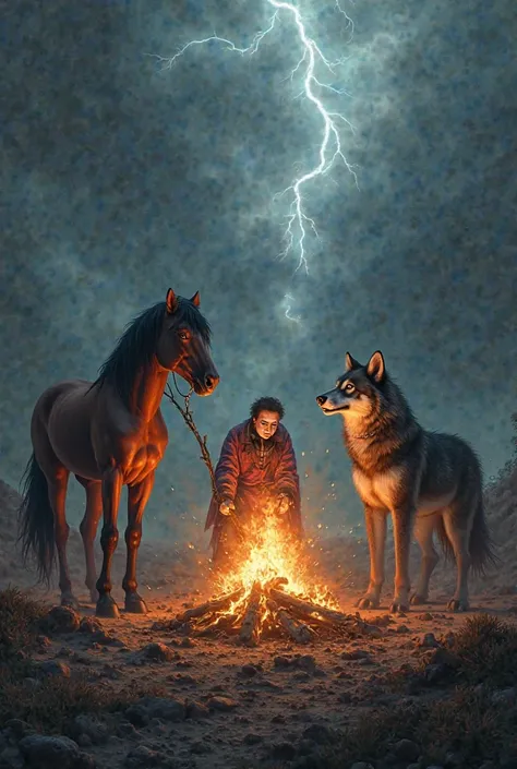 A horse, a wolf and a joker around fire and thunder