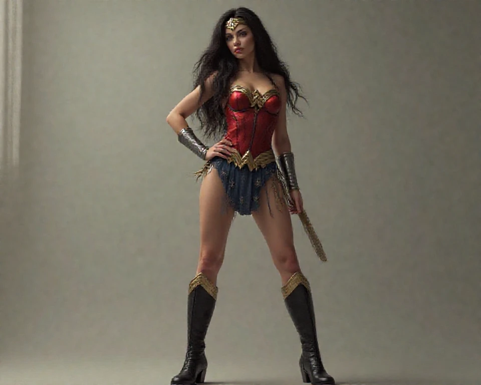 wonder woman , with mini skirt , top , and tight black boots , Happy sexy modeling 