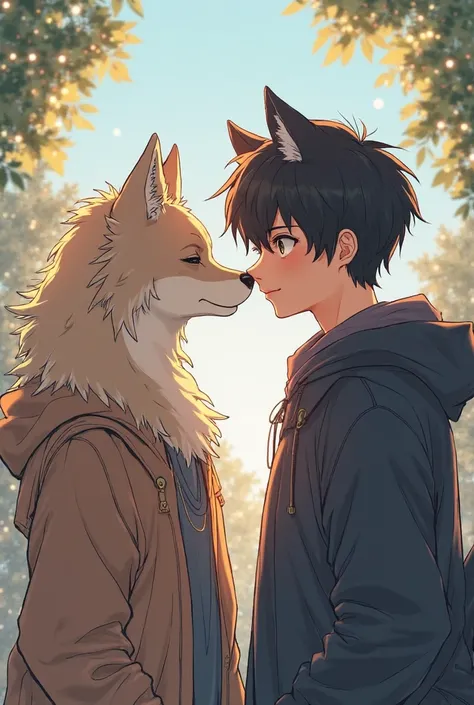 This is a pair of men in love with two generations of wolves with long tail hair, sharp shoulders, reference character images of Yokohama meteors and ordinary men with cheerful, lively, cute, and happy puppies, reference Sakaguchi Kentaro, short hair, they...