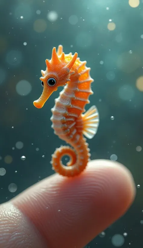 13. A hyper-realistic digital rendering of an impossibly tiny seahorse hatchling resting on a human fingertip. The cub, no larger than a thumb, displays intricate details: translucent fins, a curled tail, and vibrant orange scales. Its delicate movements a...