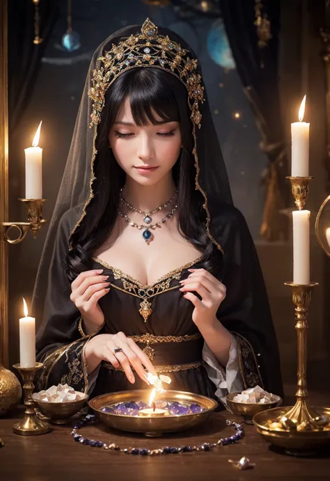 Only one female, kittens sitting at the, (Fortune telling using a large crystal), Fortune teller costume, Black head veil,   jewelry, mature woman, /(  black hair/) bangs, ( hair over one eye ), ( light smile:0.8), ( Masterpieces Top Quality :1.2) delicate...