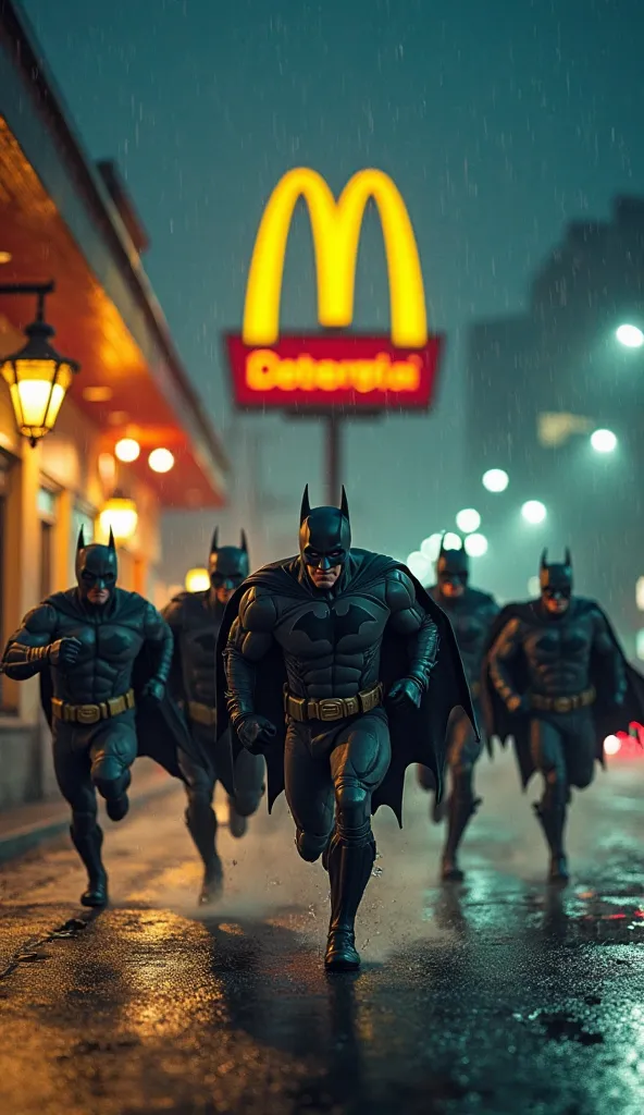 "A group of Batmen, each in slightly different versions of their iconic suits, are sprinting towards a McDonald's restaurant at night. The neon glow of the golden arches reflects off their capes as they charge forward with intense determination. Some have ...