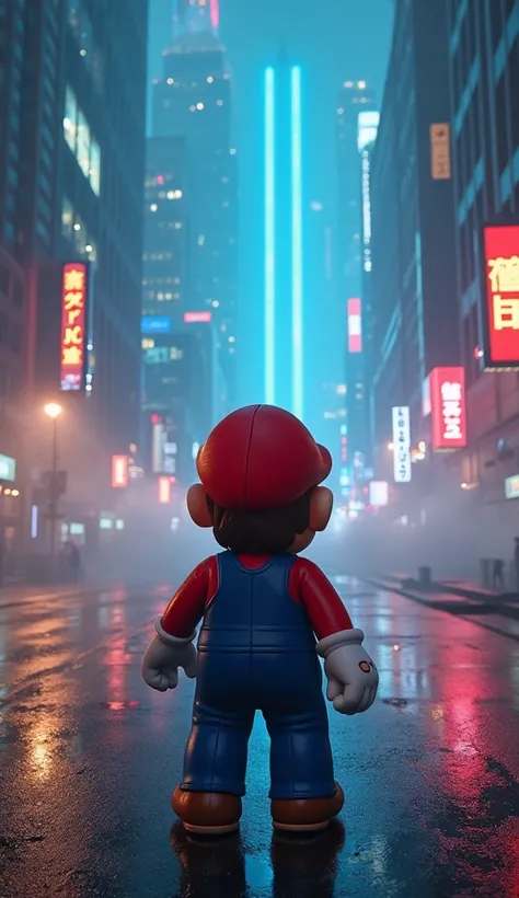 "A cinematic first-person perspective of Mario standing in an unfamiliar, futuristic cityscape at night. Neon lights reflect on the wet ground, towering skyscrapers loom overhead, and a mysterious fog drifts through the air. In the distance, a faint blue s...