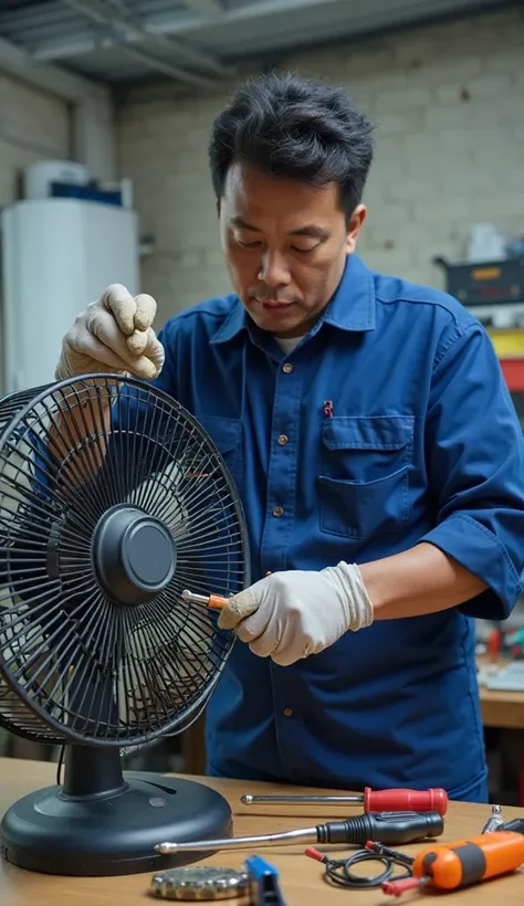 "A technician or mechanic is repairing a fan indoors. He wears a blue work uniform with a pocket on the chest, and wearing gloves for safety. Dengan screwdriver di tangan, He disassembles the front of the fan to clean or repair his machine. There is a work...