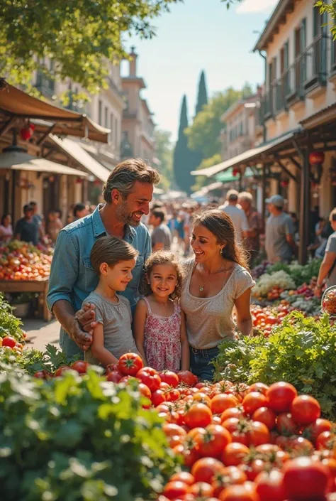 A family at a framers market choosing fresh vegetables 