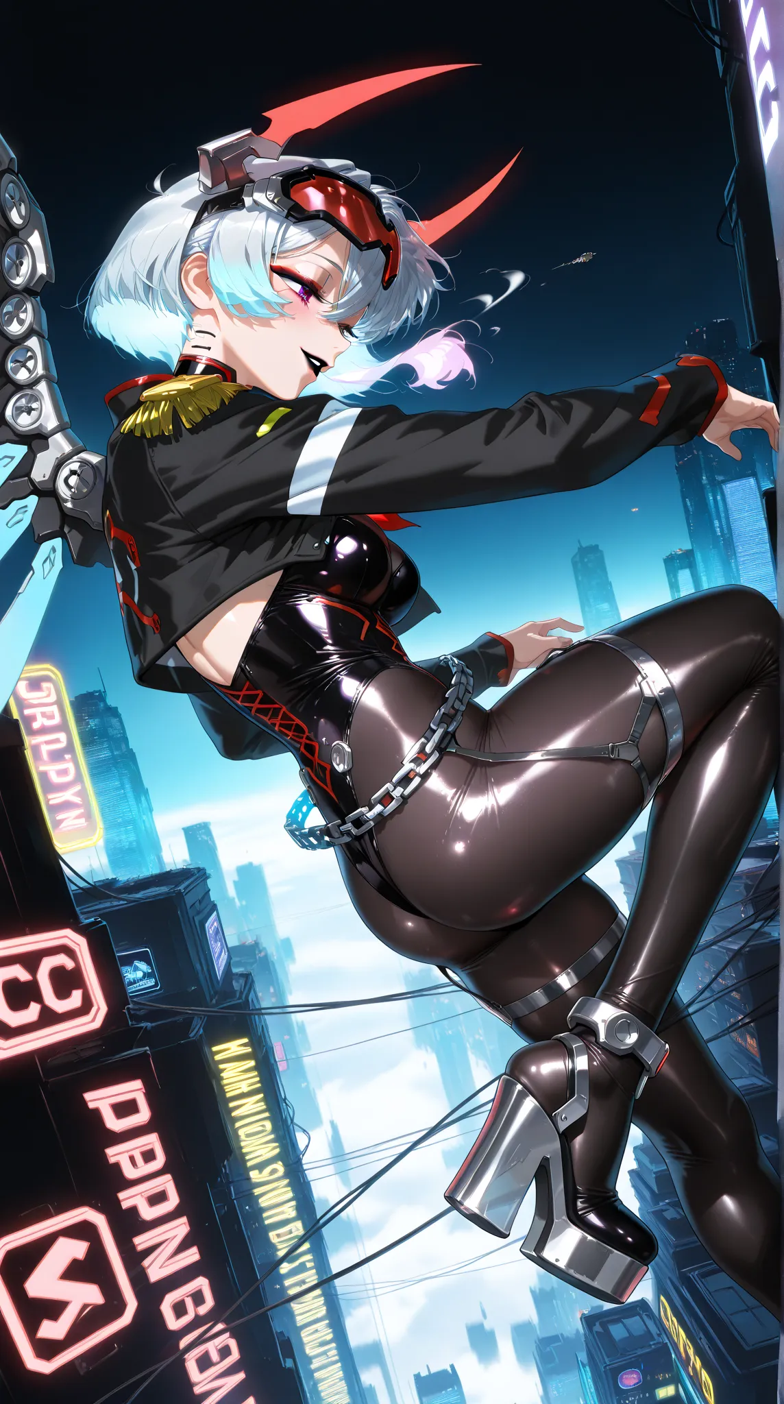 1 mature woman, (incredible high resolution, masterpiece, top quality, highly detailed, CG, high quality anime drawing), (devil horns on top of head, mechanical wings that accentuate the cyberpunk look), (cyber-inspired villain costume, design combining fu...