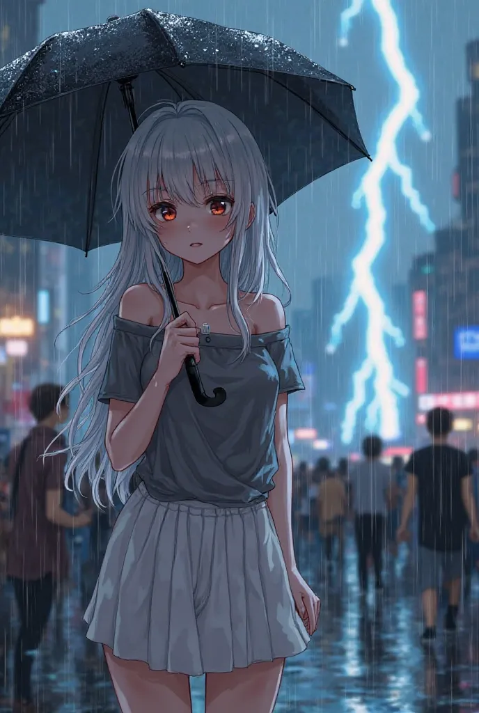 In the rain without an umbrella, tears in her eyes, wearing an off-shoulder T-shirt and a short white skirt. In the background, lightning and a crowded city. Her hair is white, and her clothes are wet.