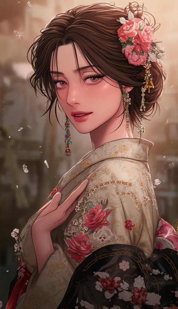 (impressive digital artwork:1.3) of ,(energetic:1.3) portrait of  female ( snezanasakovic2 :1.1) wear kimono, Style-SylvaMagic,  Fashionable girl  ,cgsociety,artstation