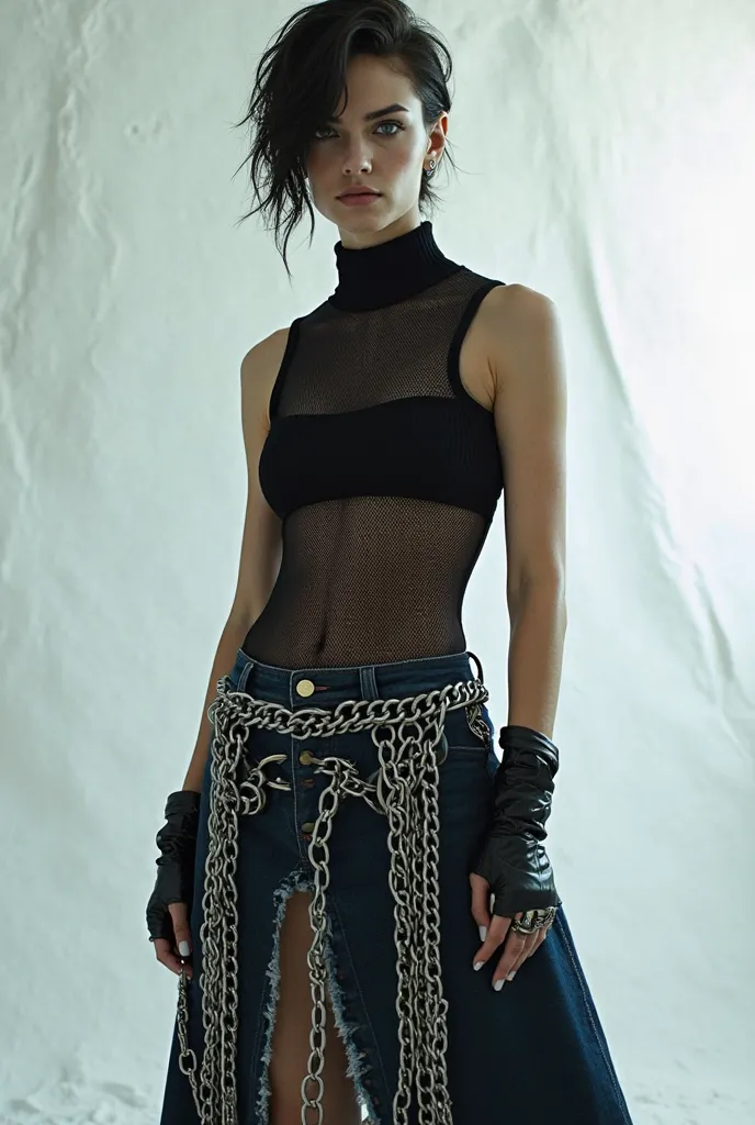 A man wearing a black tank top over a black mesh top with a denim skirt that has chains on it