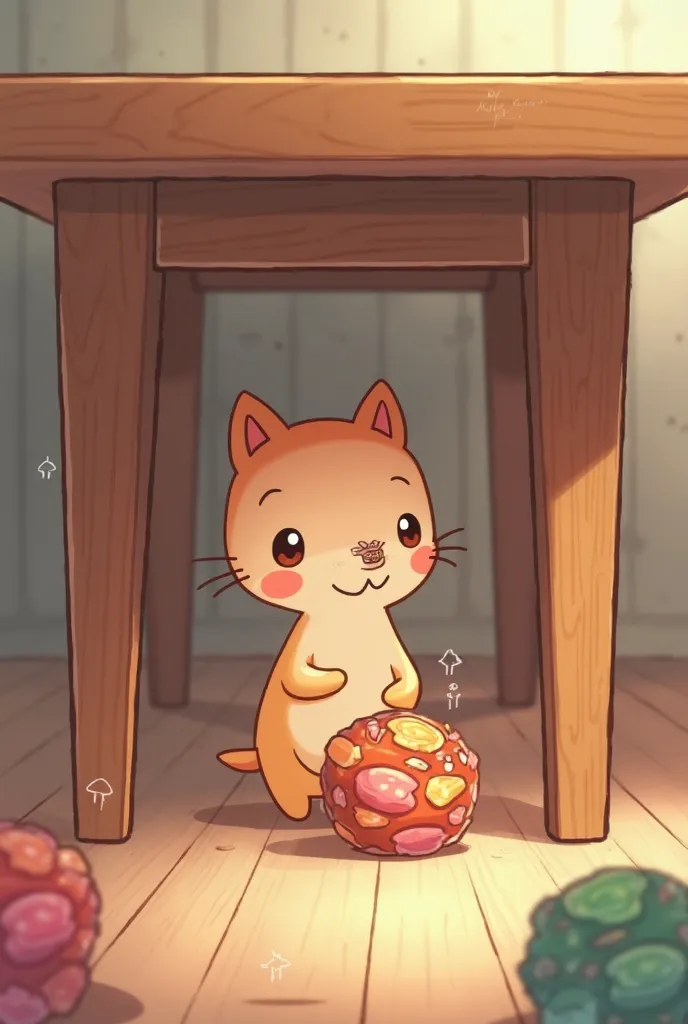 Picture of a little friend standing and holding a candy shell thrown under the table