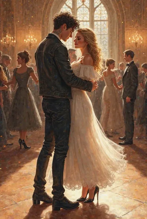  realistic drawing . Curly-haired boy,  neck tattoo, black leather jacket waltzing with blonde girl, cinnamon-length white dress and white heels, in a large room is handsome, with neutral lights with some people dancing too.