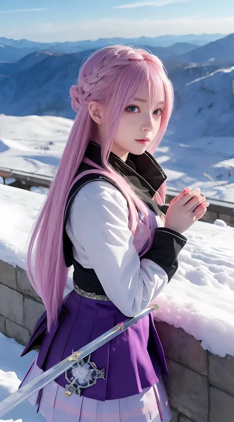 extreme detail, flawless, Aerial View,  like a work of art , Anime girl with ice and snow sword, Her pink hair and long purple skirt complement each other., Gazing at the distant Saika Genshin, Leading to the world of Genshin.