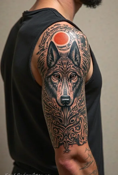 Maori tattoo for men on the biceps with the shape of a wolf,  sun