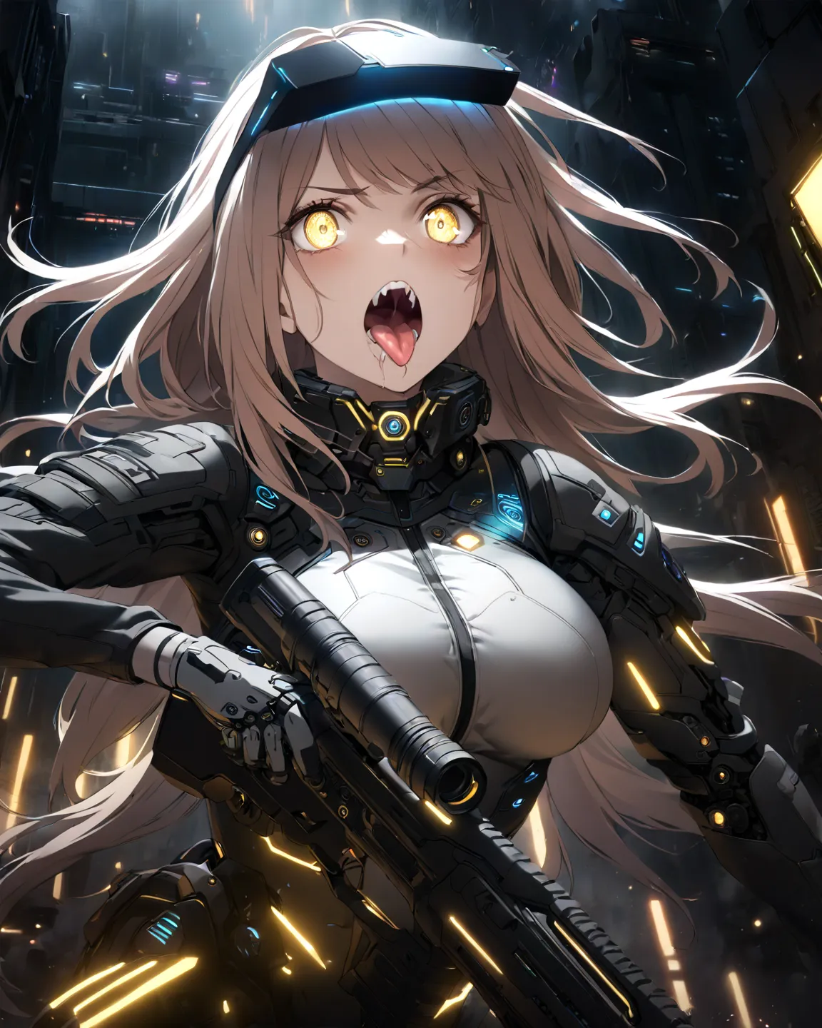  1 girl, ((maize hair)),  Big Breasts ,  yellow eyes, Cyber,have shotgun,. battlefield,cyber visor, Two Sides Up,  open your mouth,  tongue,  rough breathing, Show your fangs, Crazy Eyes, 