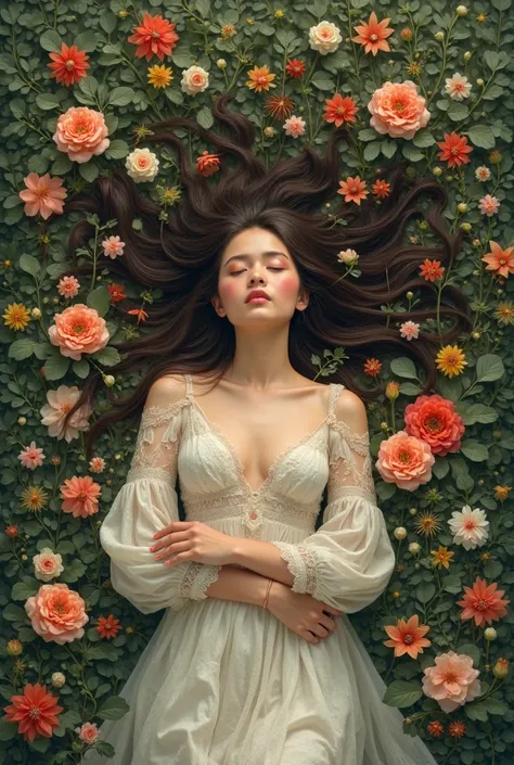 Woman lying down surrounded by lots of flowers, with my eyes closed and my hair stretched over the flowers. image seen from above 