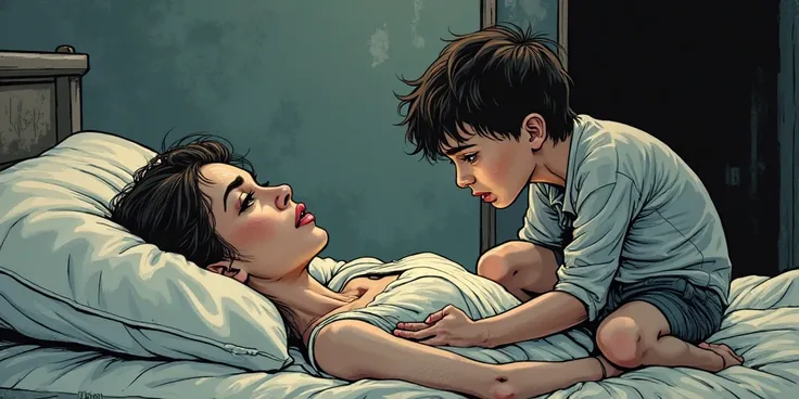 young Jason kneeling beside his mother's body, tears streaming down his face. comic style