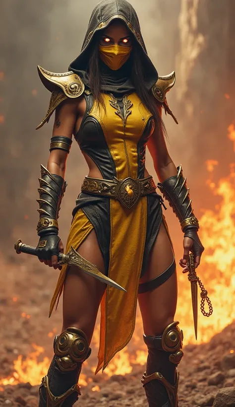 "A fierce, battle-hardened female warrior inspired by Scorpion from Mortal Kombat, featuring a detailed and iconic ninja costume. Her skin is a warm tan tone, with her face partially covered by Scorpion's signature yellow mask, which has intricate gold acc...