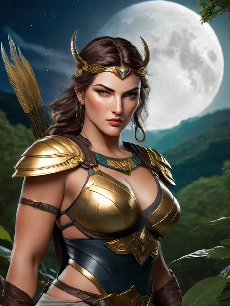 Artemis, Goddess of the Moon and the Hunt, GREEK WARRIORS, Haircut with open sides,  Pretty Face,  beautiful golden eyes ,  sexy ,  beautiful body ,  has big breasts ,