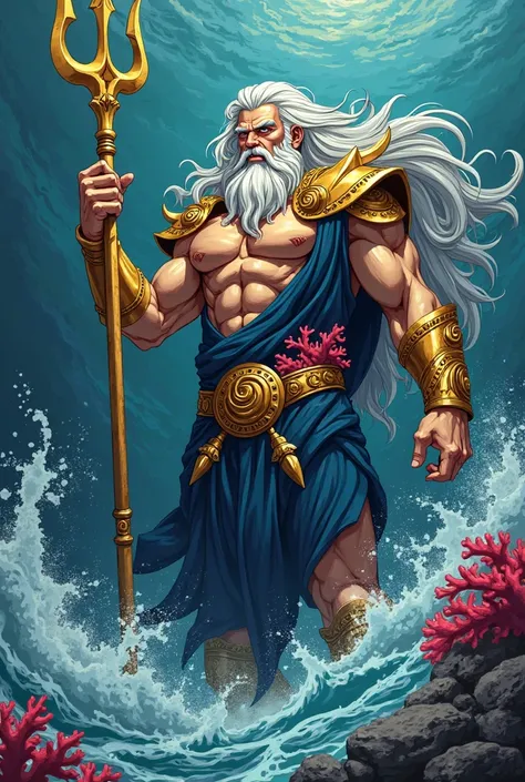 Chat crie Poseidon, dark blue clothes with a golden armor, with corals on the body, on the face long beard and long hair, dark water around, all in anime, huge golden trident in his hands 